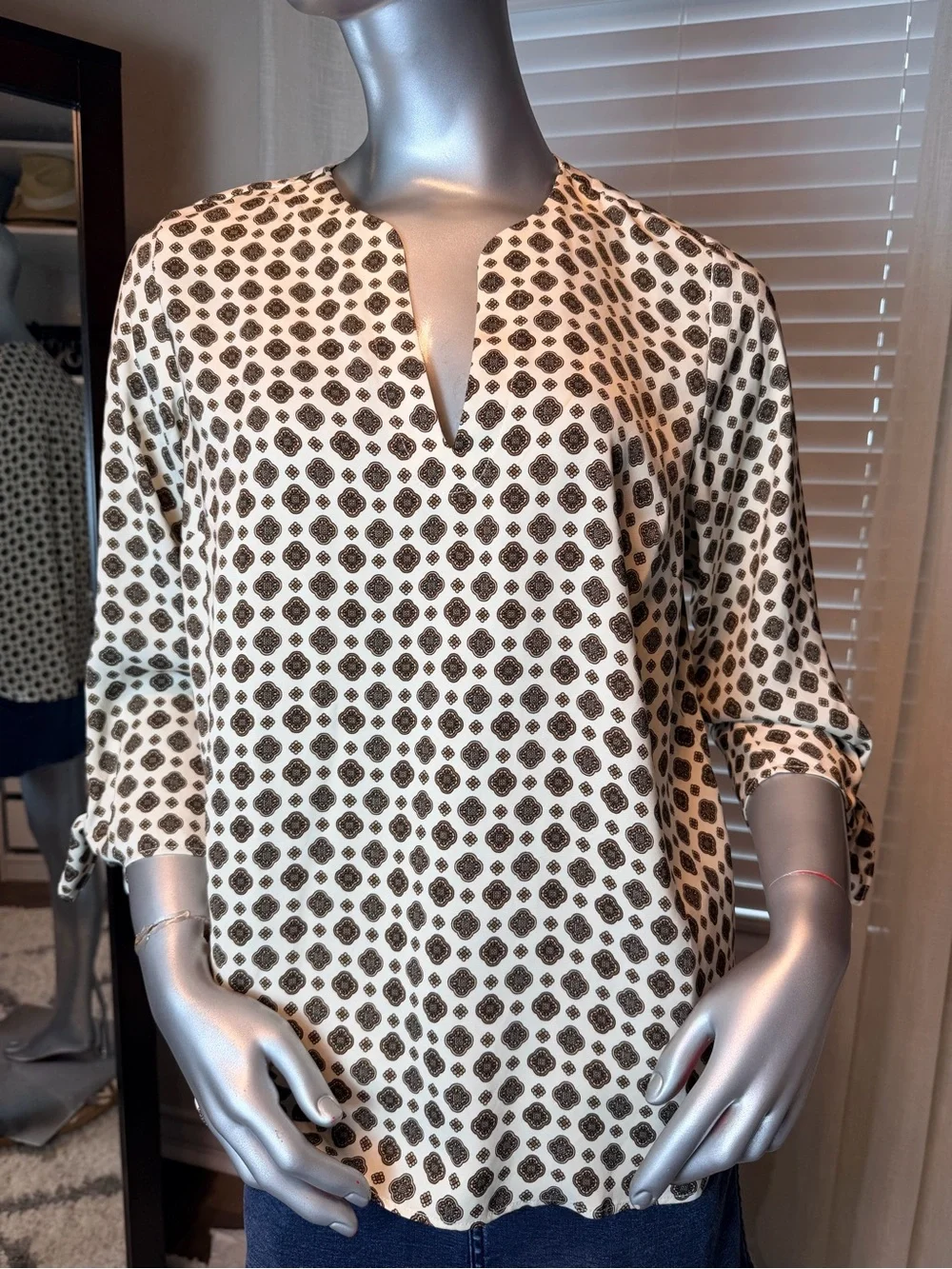 Michael Kors Medallion Print Blouse Medium Tie Sleeve Split Neck Career Top